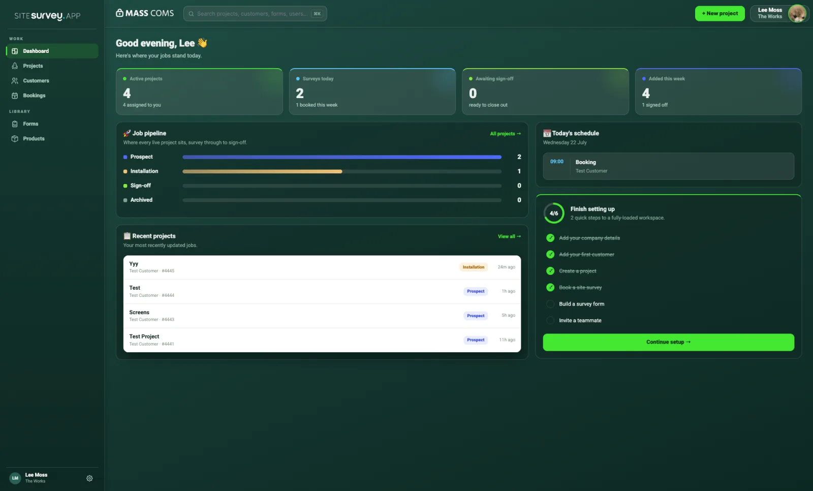The SiteSurvey web dashboard — every project, space and survey in one record
