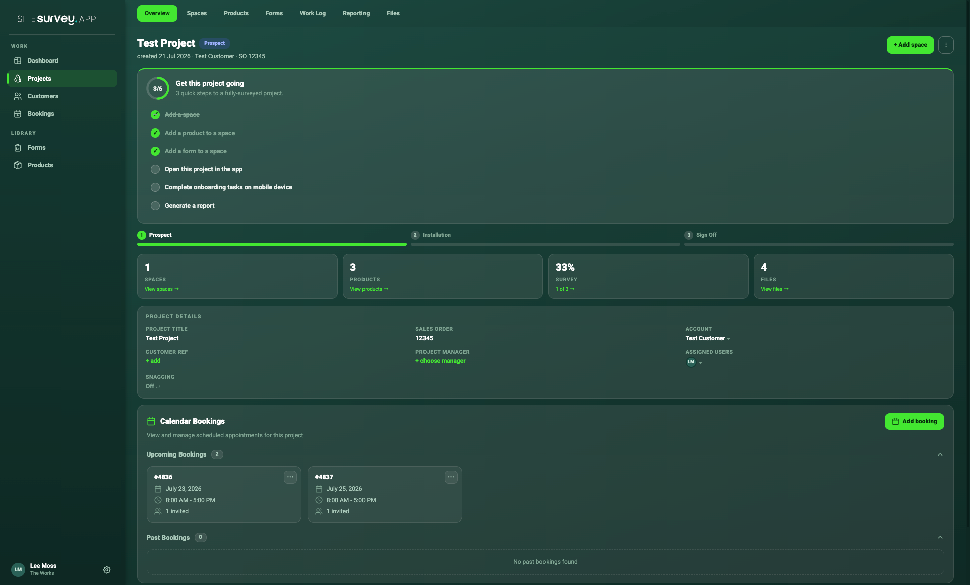 SiteSurvey project overview showing spaces, products, survey progress and files
