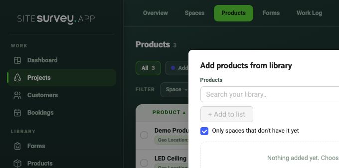 SiteSurvey add-products dialog for choosing reusable products, assigning spaces and setting quantities.