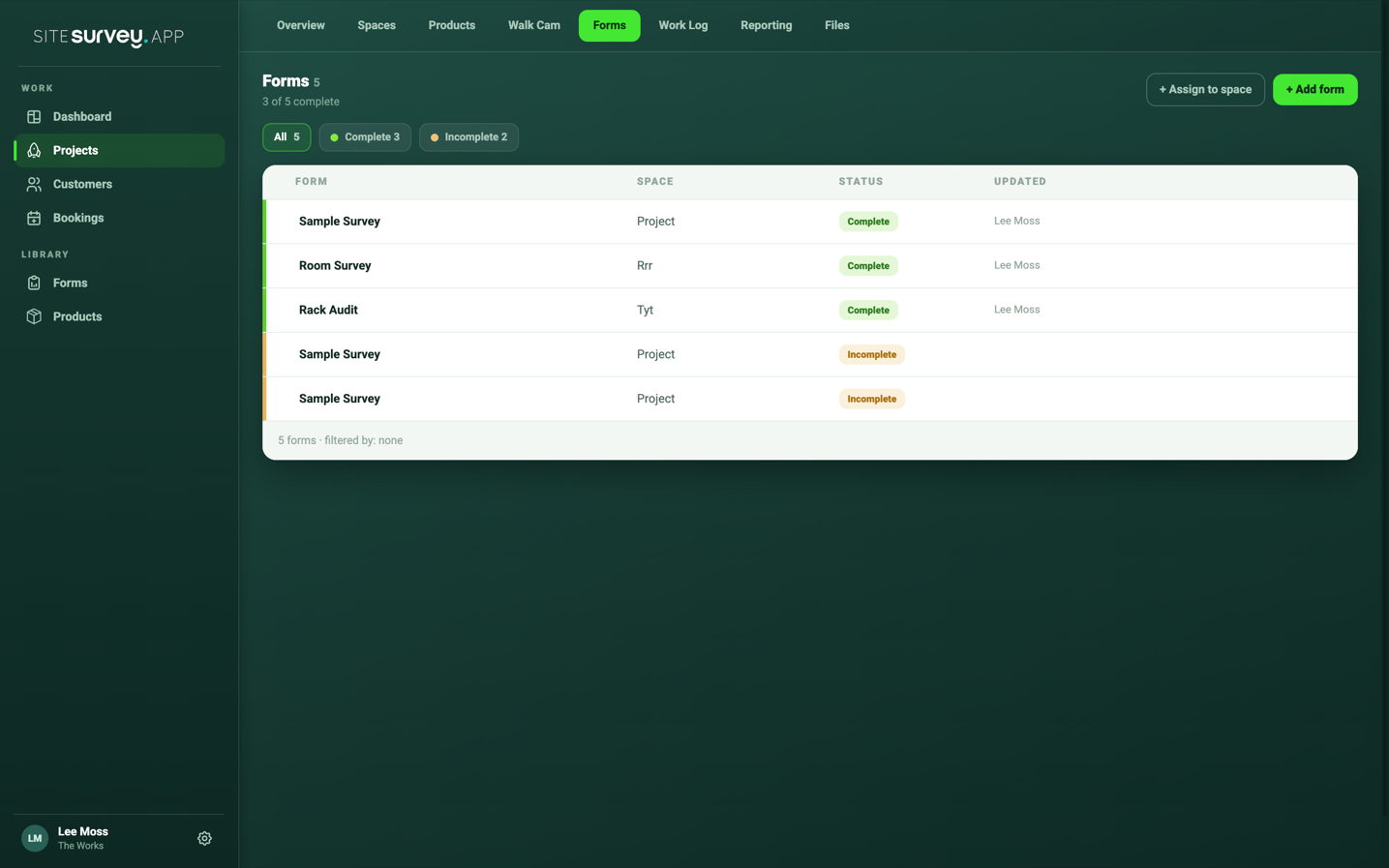 SiteSurvey project Forms tab listing assigned forms with complete and incomplete status.