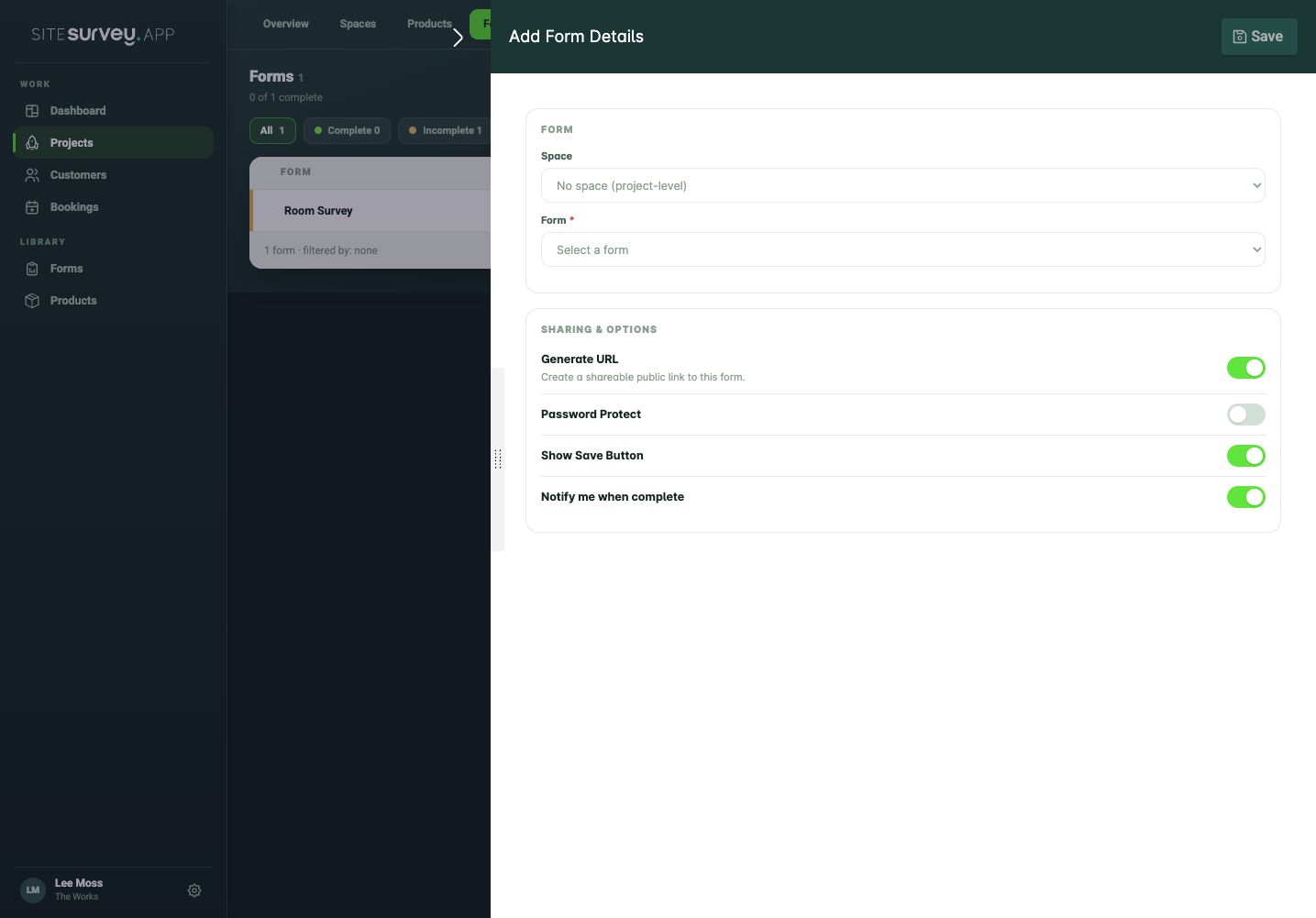 SiteSurvey form assignment panel showing reusable library forms and project space selection.
