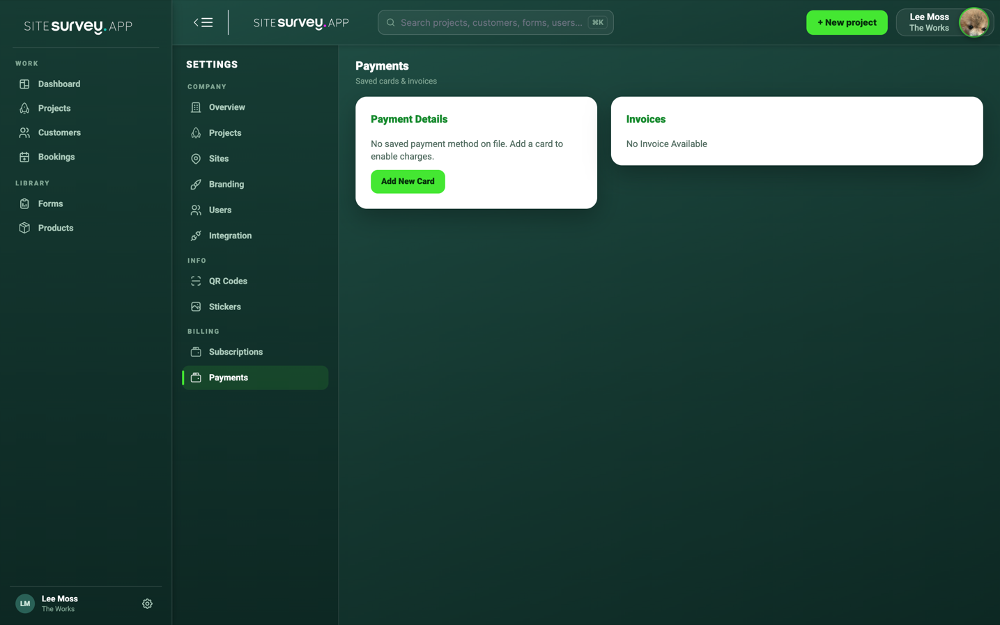 SiteSurvey Payments settings page with saved payment details and invoices panels.