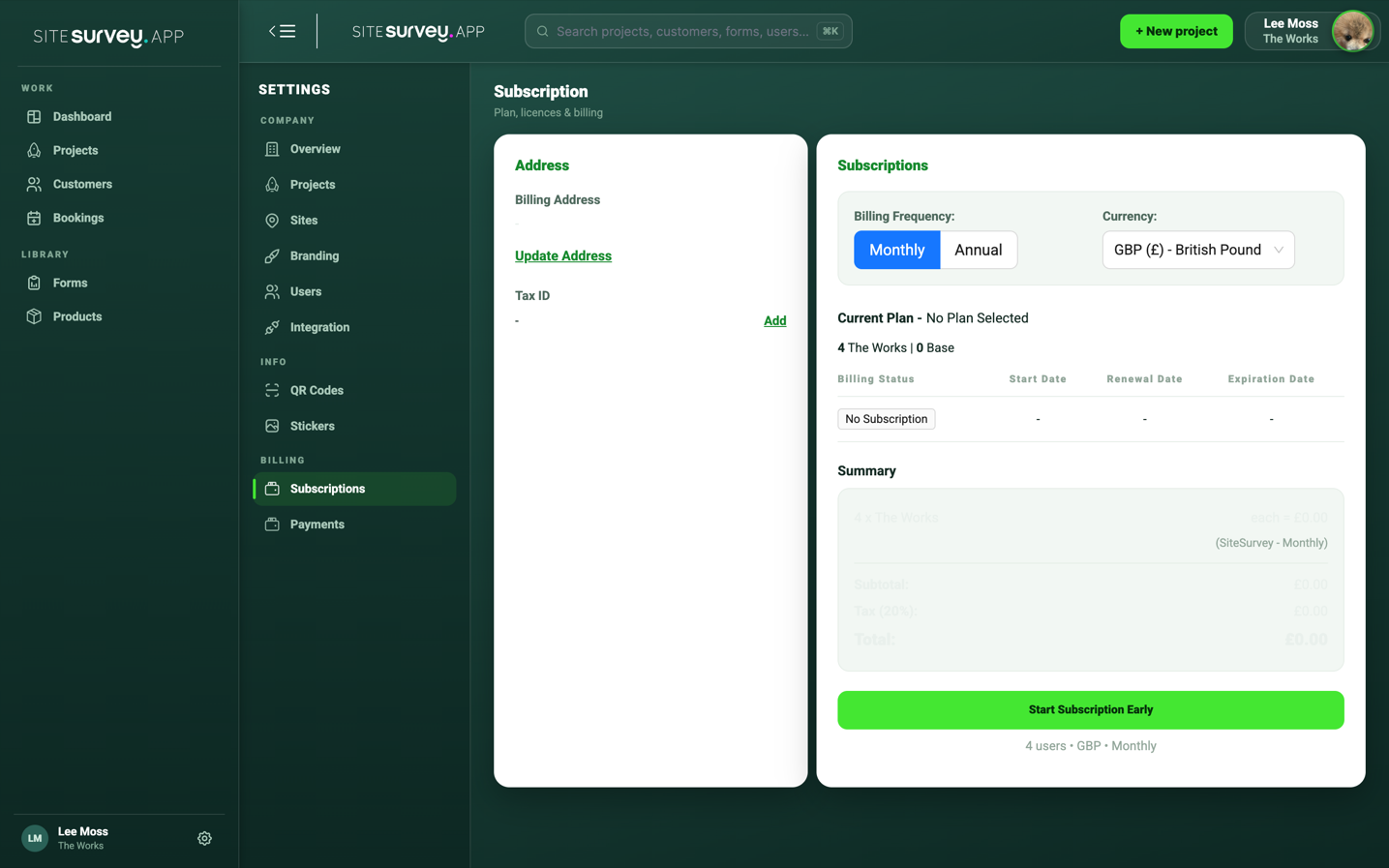 SiteSurvey Subscription settings page showing billing frequency, currency, current plan and licence summary.