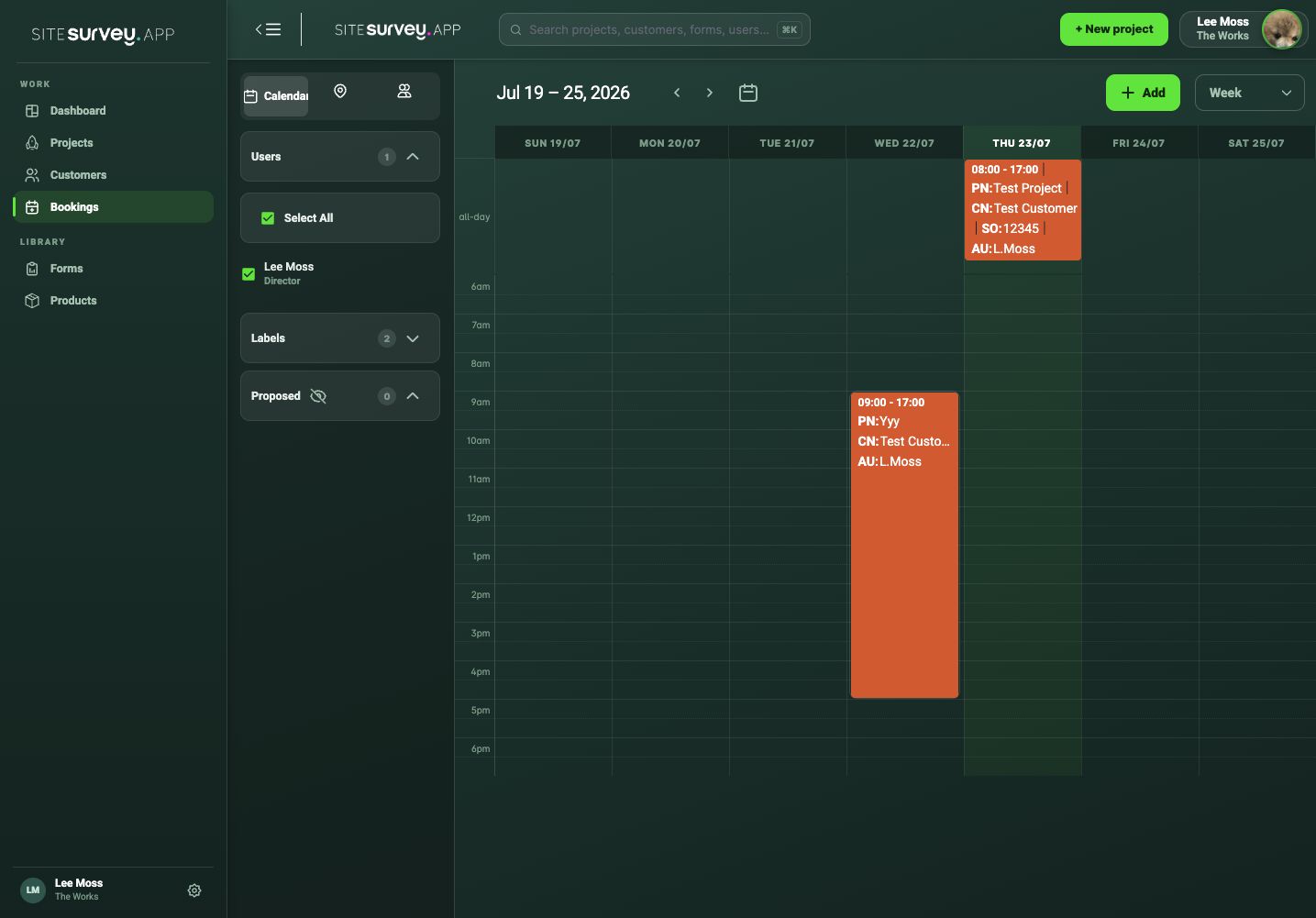 SiteSurvey bookings calendar showing scheduled project visits across a weekly calendar.
