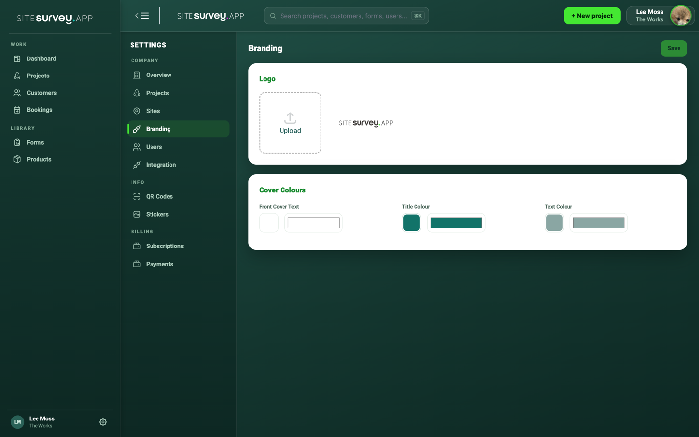 SiteSurvey Branding settings page with logo upload and cover colour pickers.