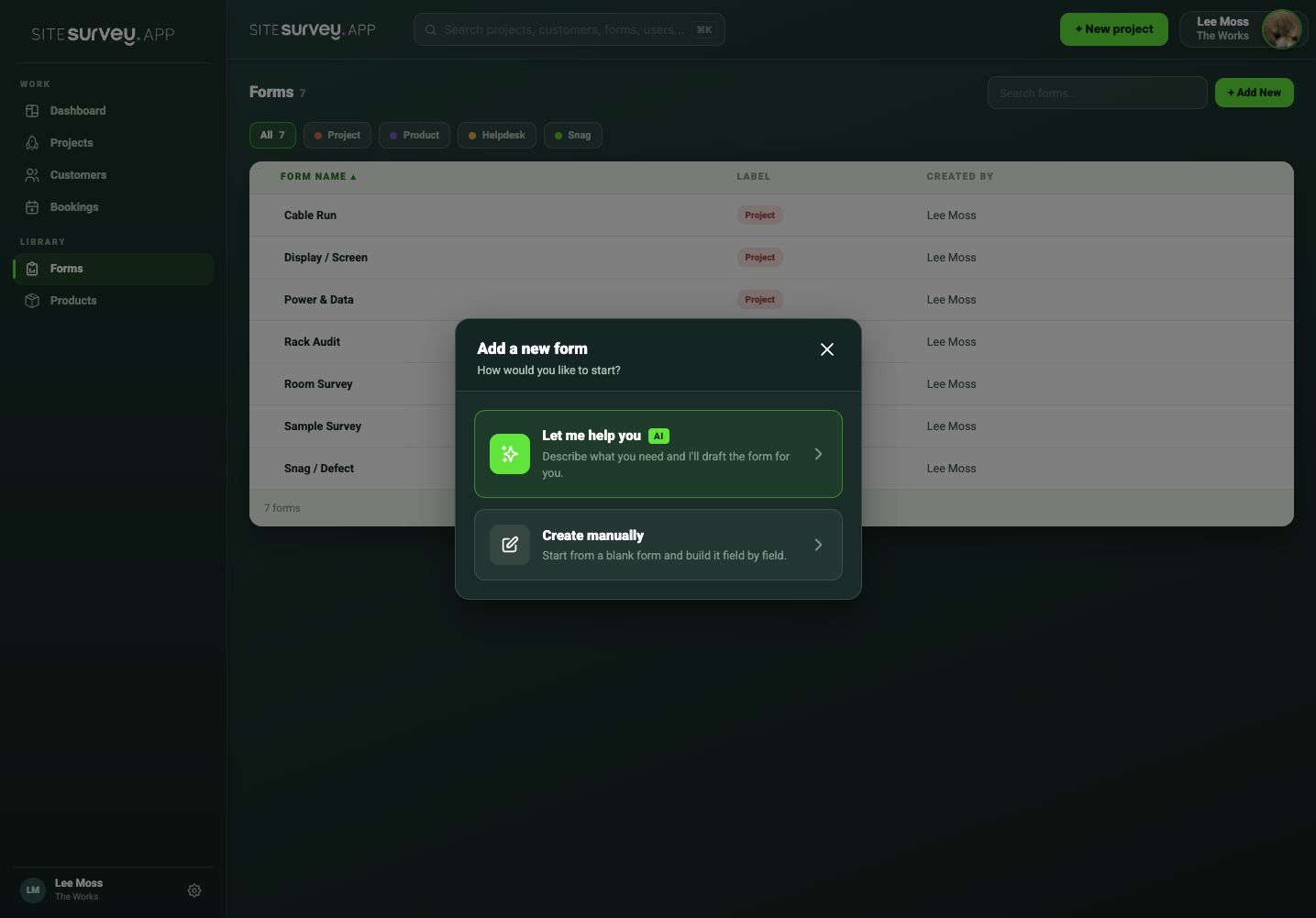 SiteSurvey new-form options for starting with the AI assistant or creating a form manually.