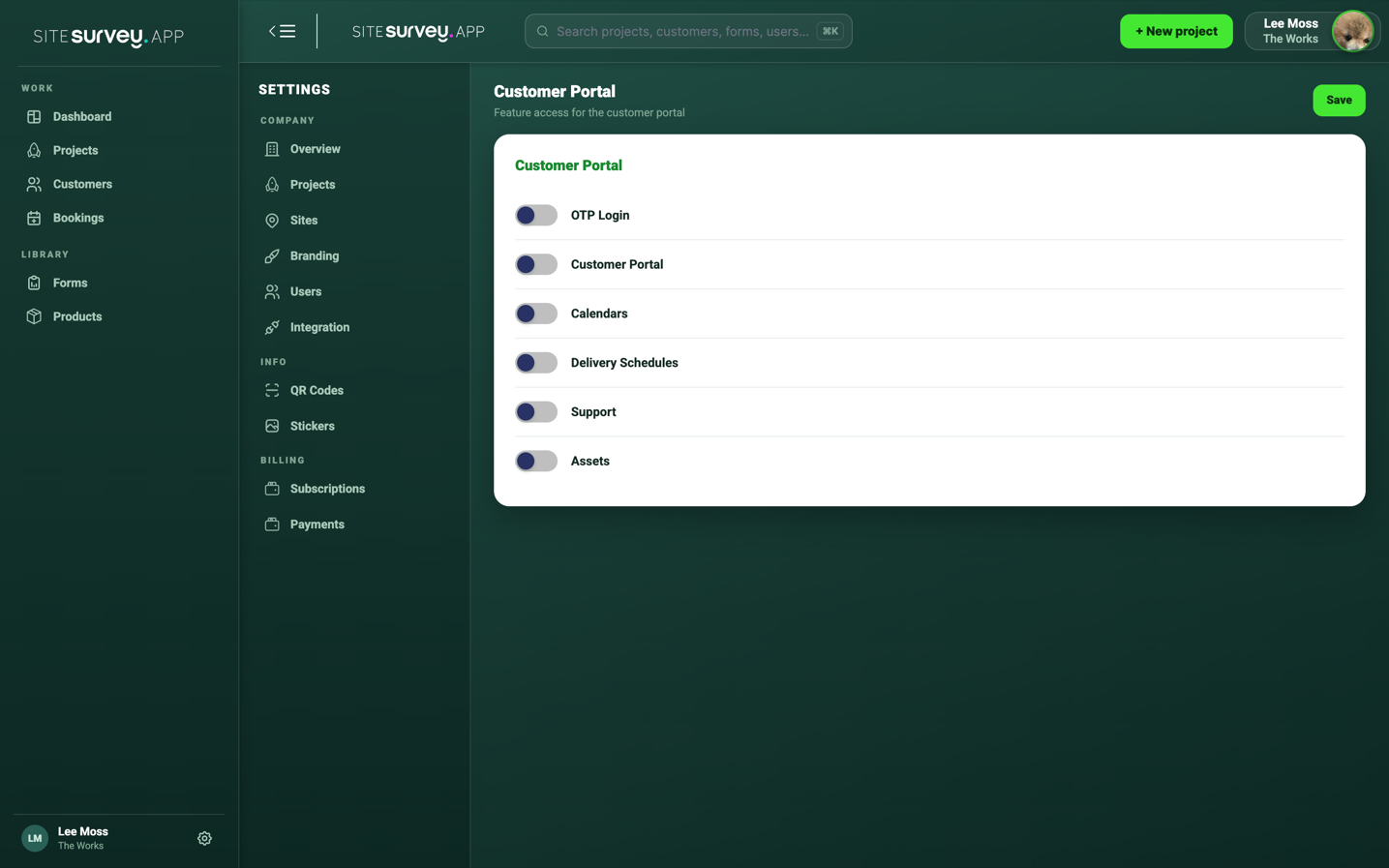 SiteSurvey Customer Portal settings page with feature access switches for OTP login, calendars, delivery schedules, support and assets.