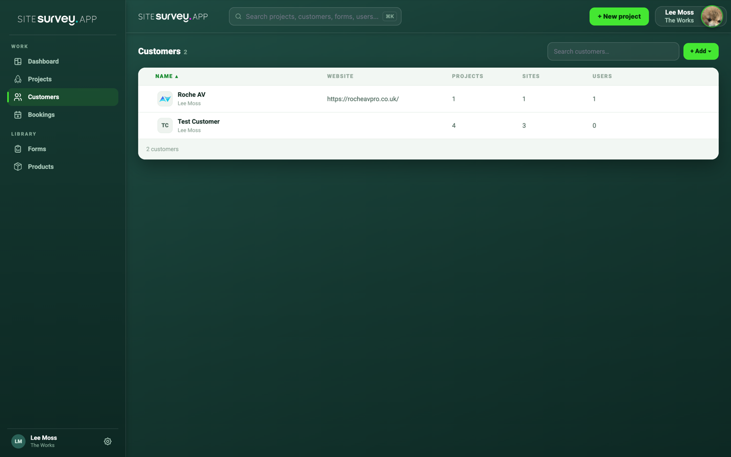 SiteSurvey Customers page listing customers with their website, project, site and user counts.
