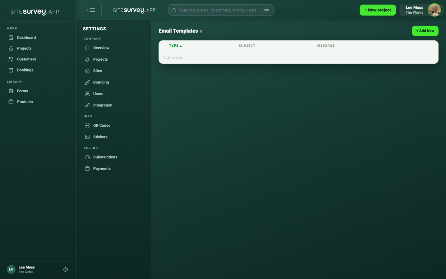 SiteSurvey Email Templates settings page with the template list and Add New button.