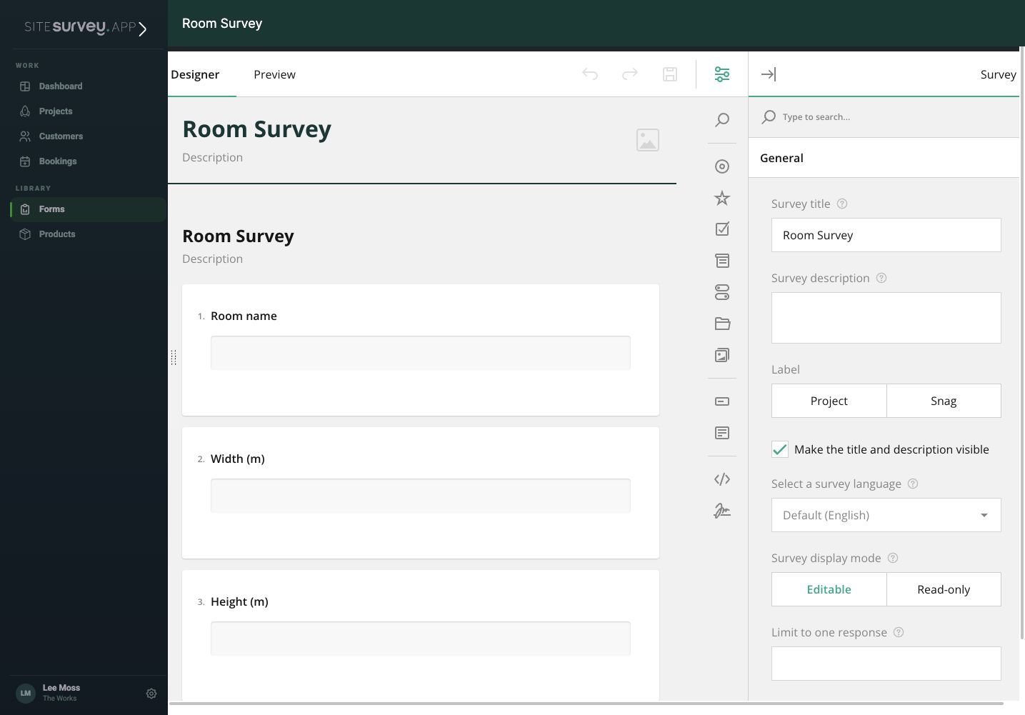 SiteSurvey form designer showing reusable question types, editing controls and a form preview workspace.