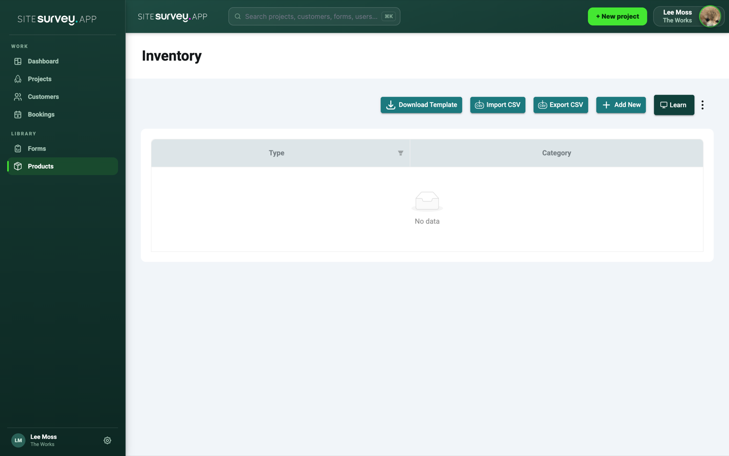 SiteSurvey Inventory page with Download Template, Import CSV, Export CSV and Add New actions.