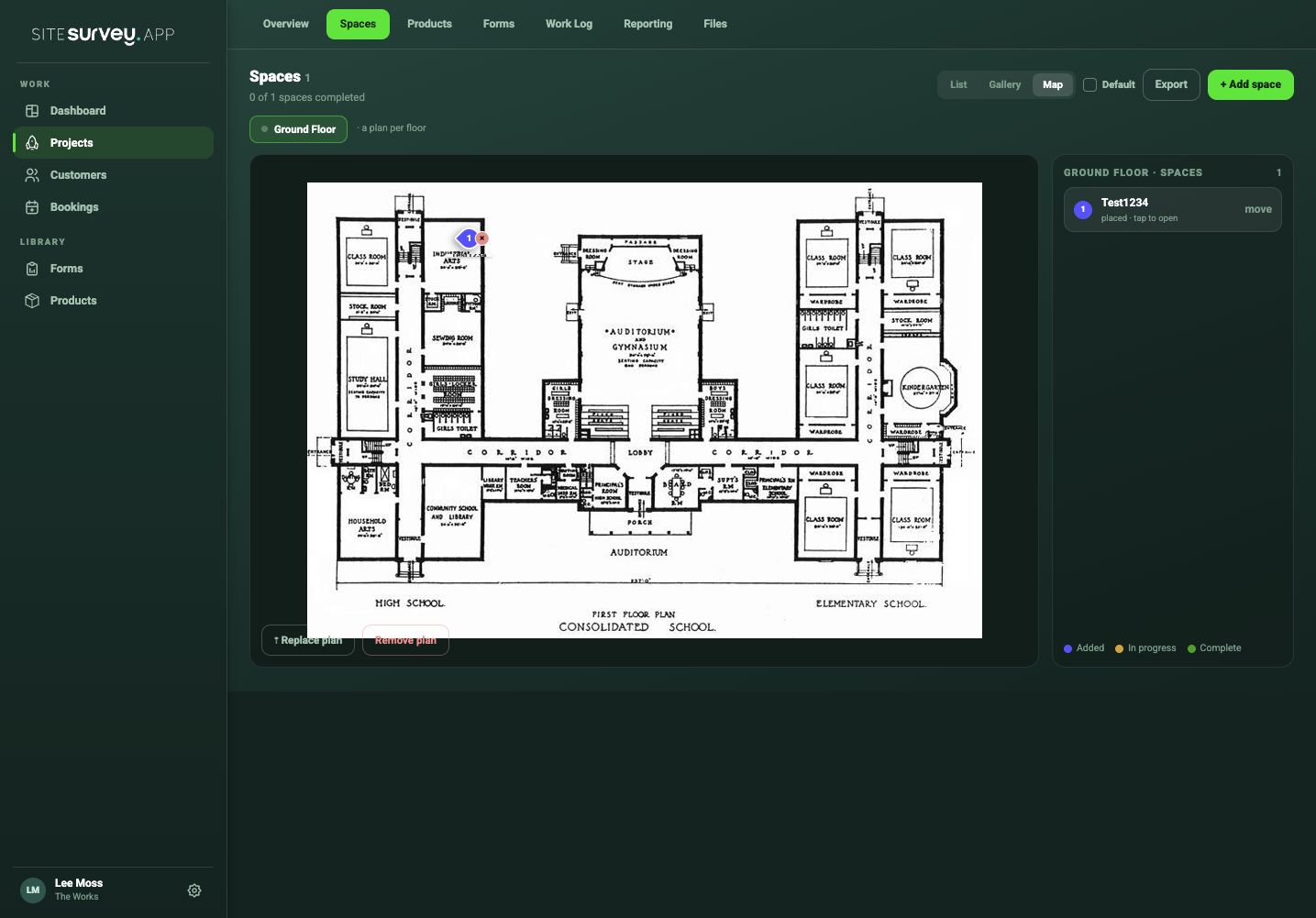 SiteSurvey live floor plan showing a project space positioned on its matching location within the drawing.