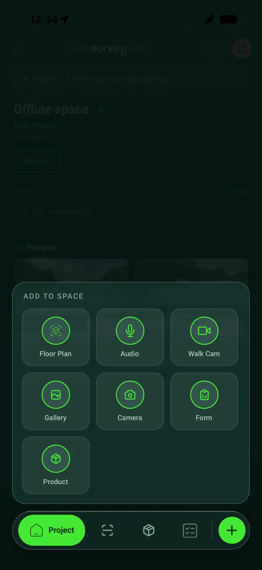 SiteSurvey mobile Add to Space sheet showing the Walk Cam option alongside Floor Plan, Audio, Gallery, Camera, Form and Product.