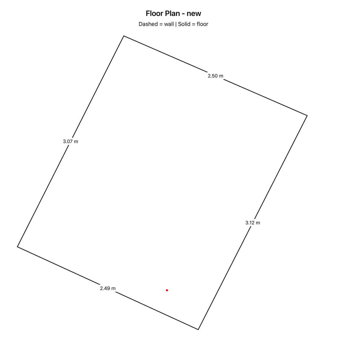 A dimensioned floor plan produced by an AR room scan in SiteSurvey, showing wall measurements in metres.