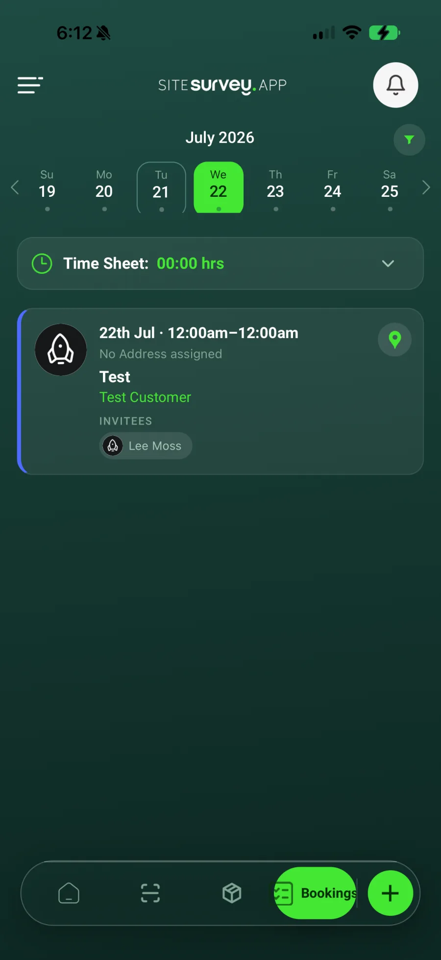 SiteSurvey mobile bookings view showing the selected date, timesheet total and scheduled project visit.