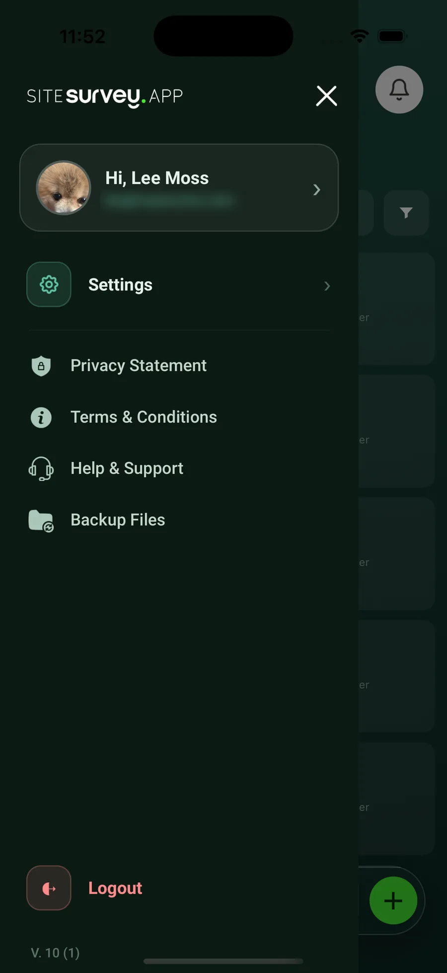 SiteSurvey mobile menu showing the Help and Support option.