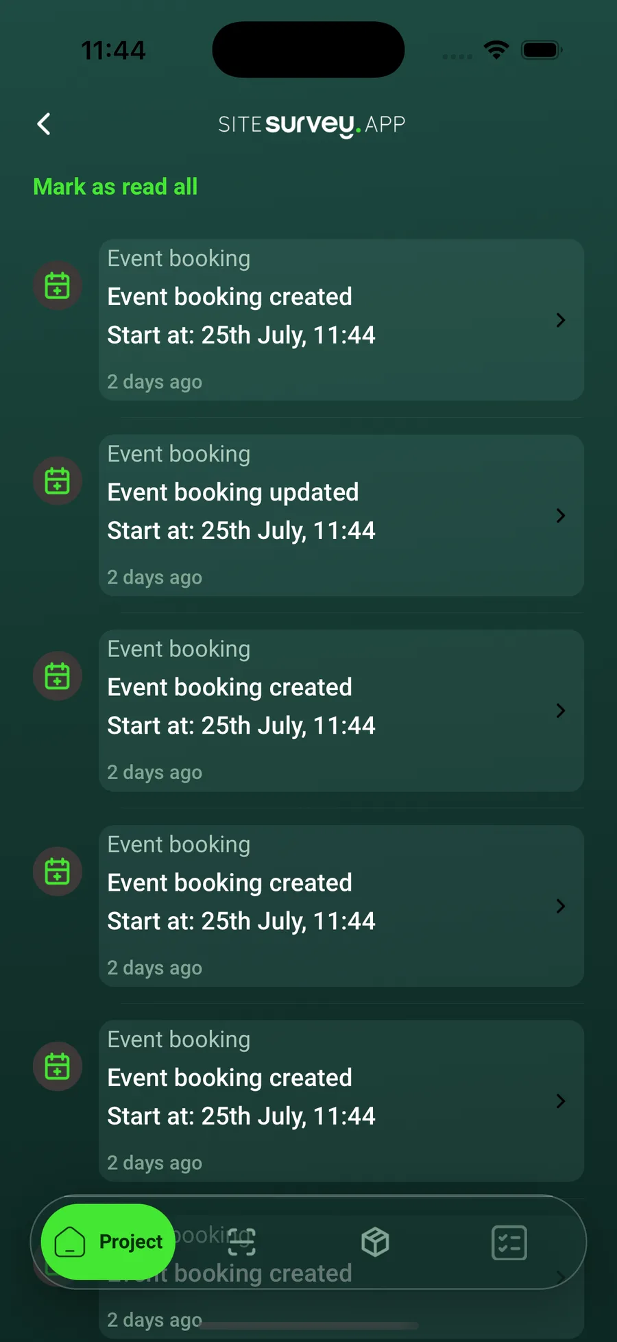 SiteSurvey mobile notification centre listing booking notifications with the Mark as read all action.