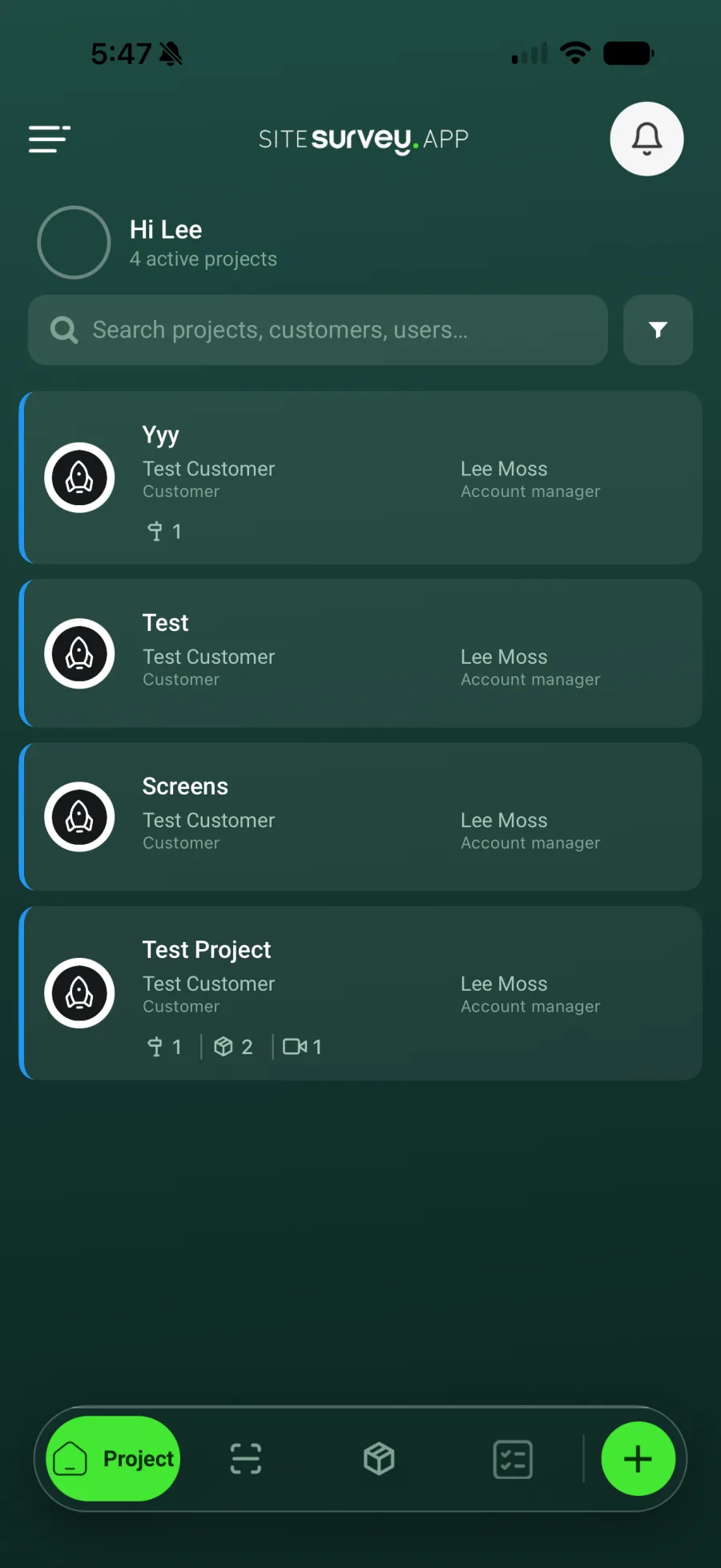 SiteSurvey mobile project list showing work downloaded to the device before offline capture.