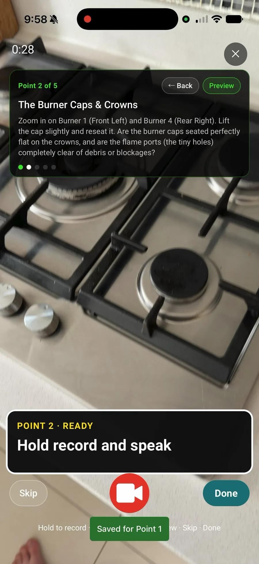 Walk Cam record screen showing the next question ready with Hold record and speak, plus Skip and Done buttons and the Saved for Point 1 toast.