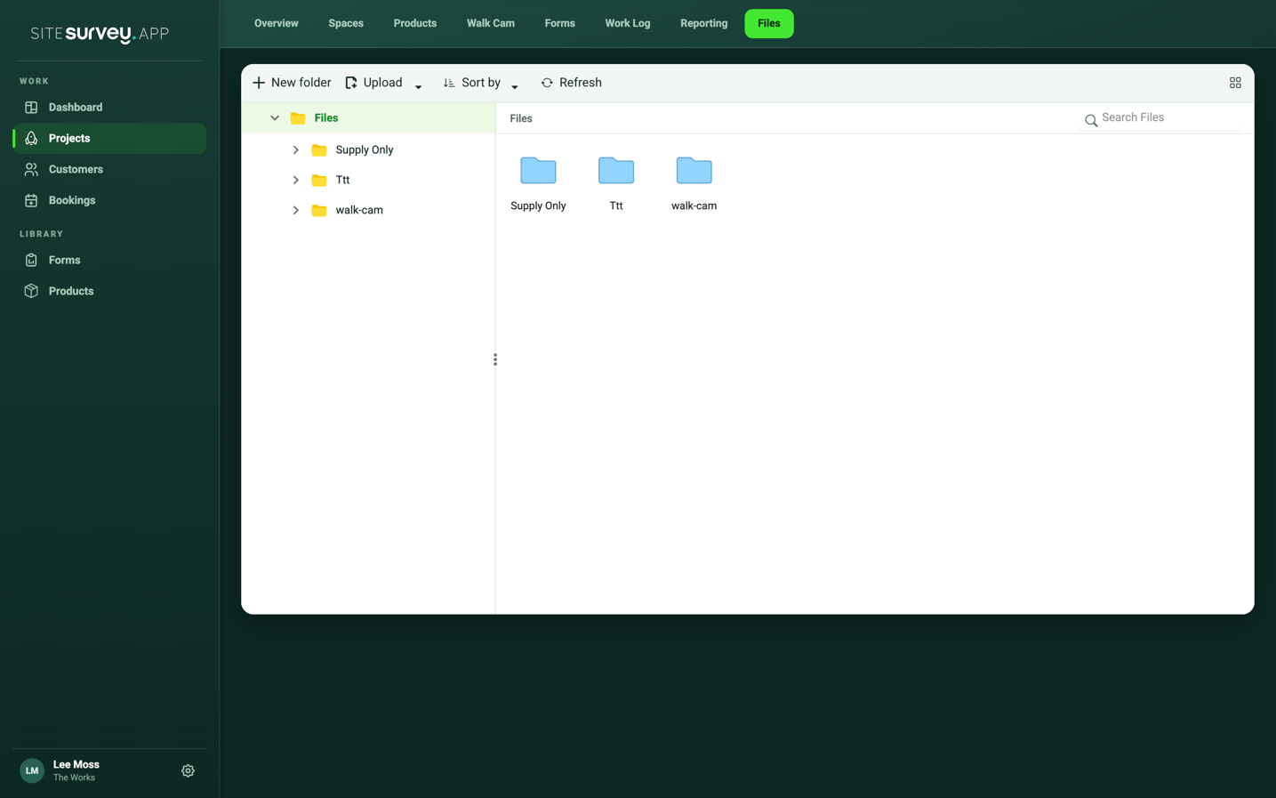 SiteSurvey project Files tab showing the file manager with folders for spaces and Walk Cam uploads.