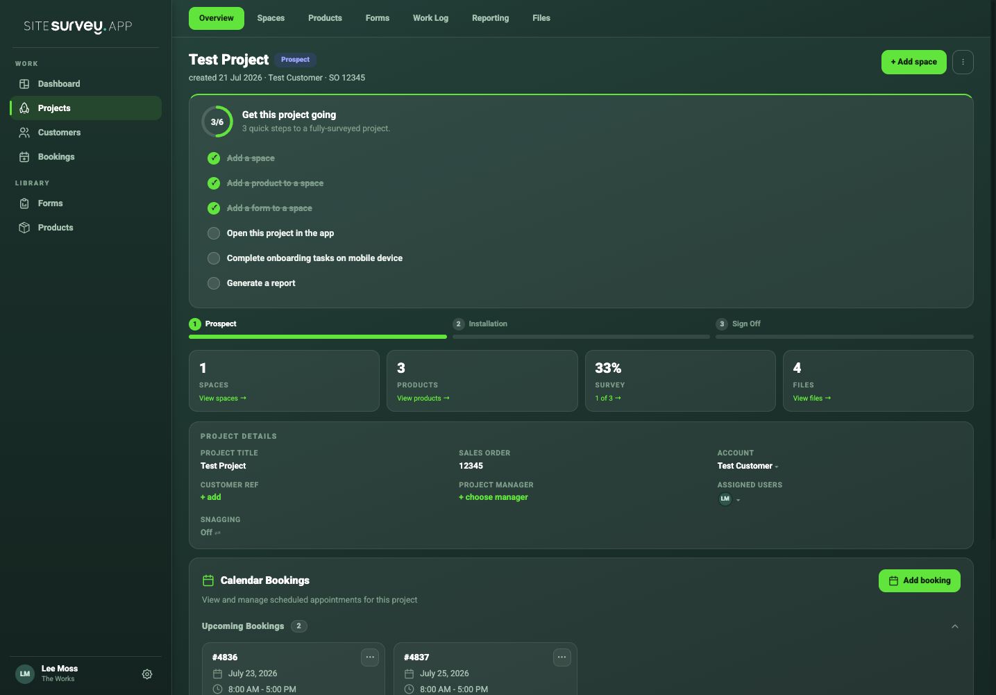 SiteSurvey project overview showing project stages, spaces, products, survey progress, details and calendar bookings.