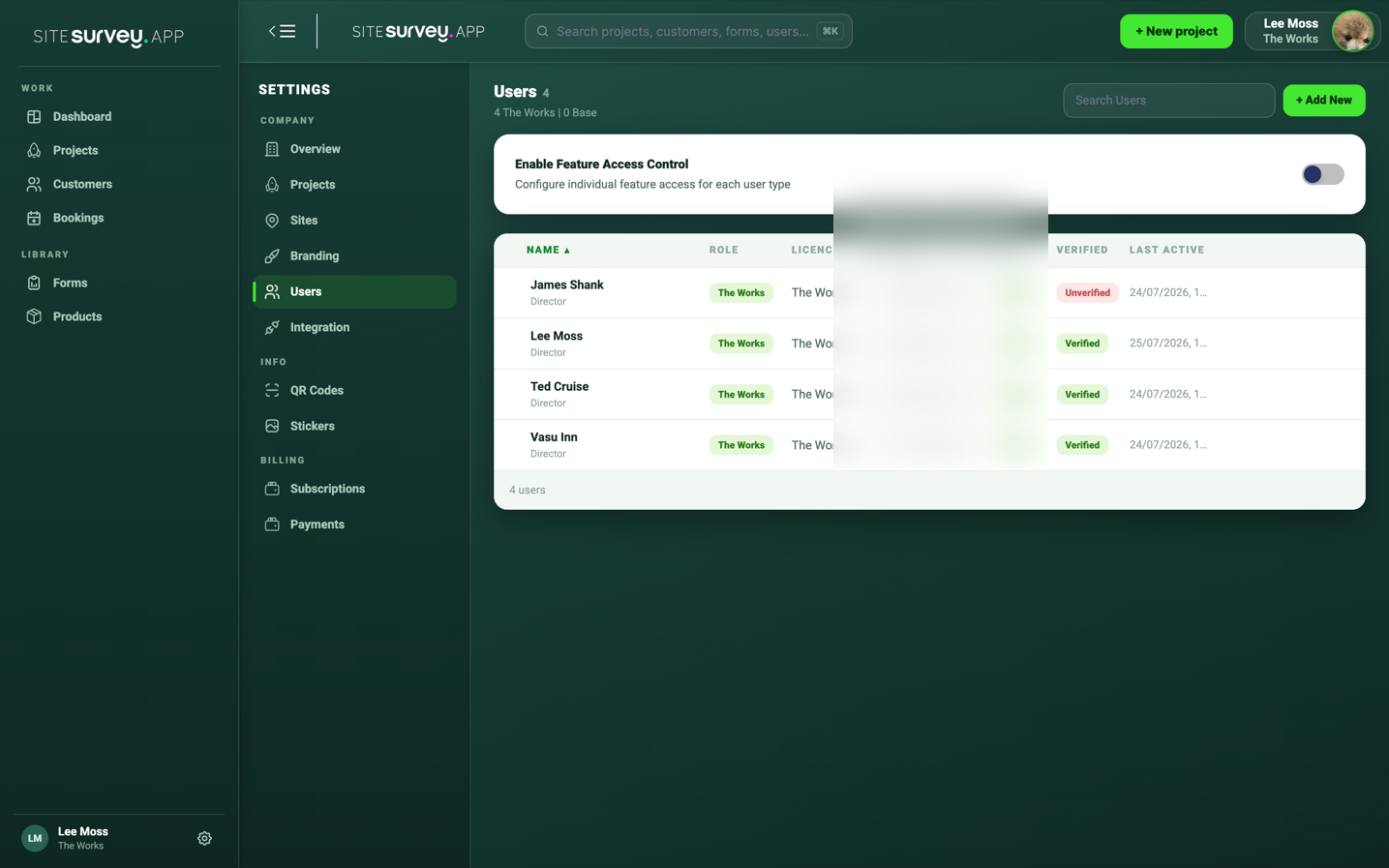 SiteSurvey Users settings page with the Enable Feature Access Control switch and the team member list.