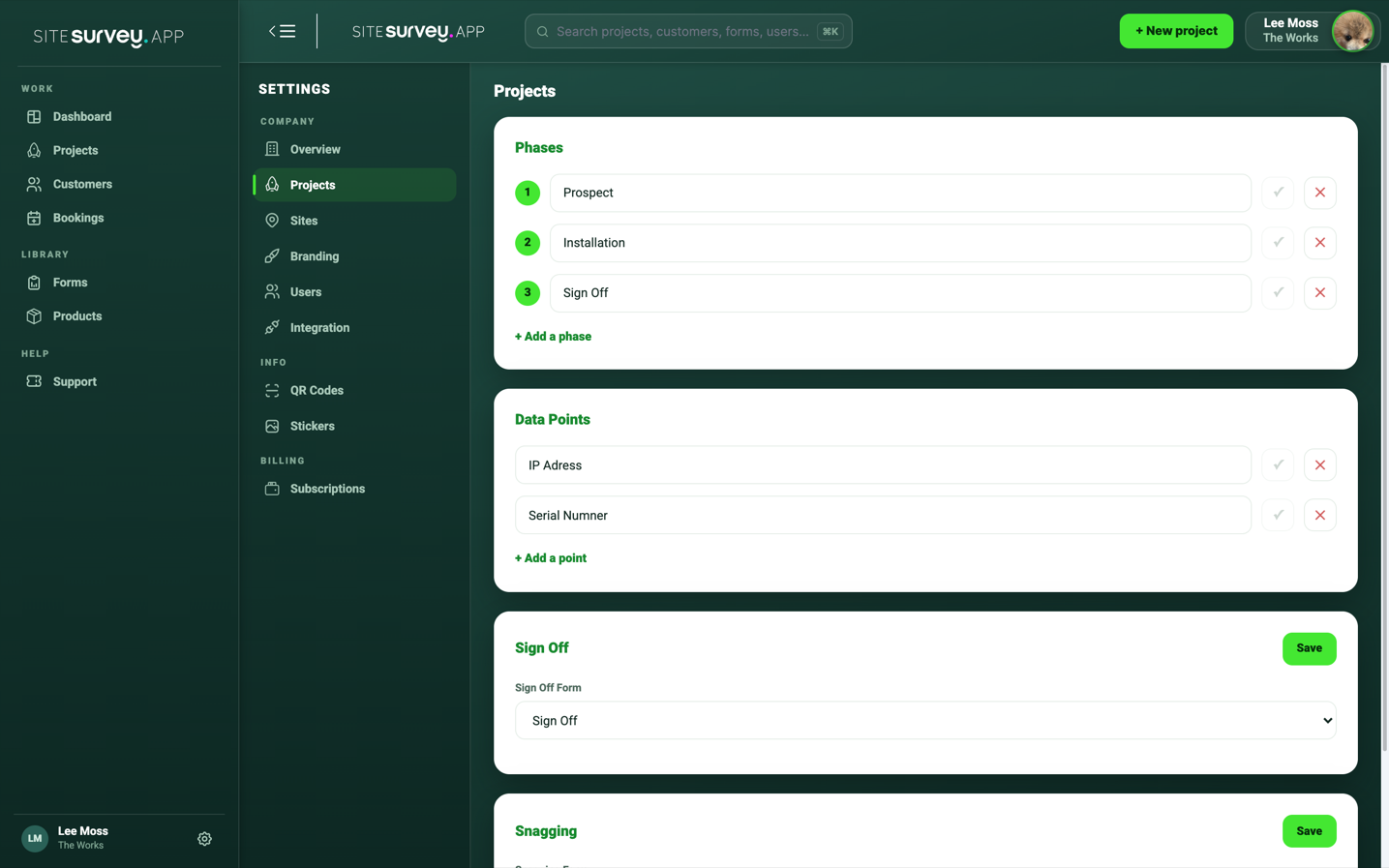 SiteSurvey project settings showing the Sign Off card with the Sign Off Form dropdown below the Phases and Data Points cards.