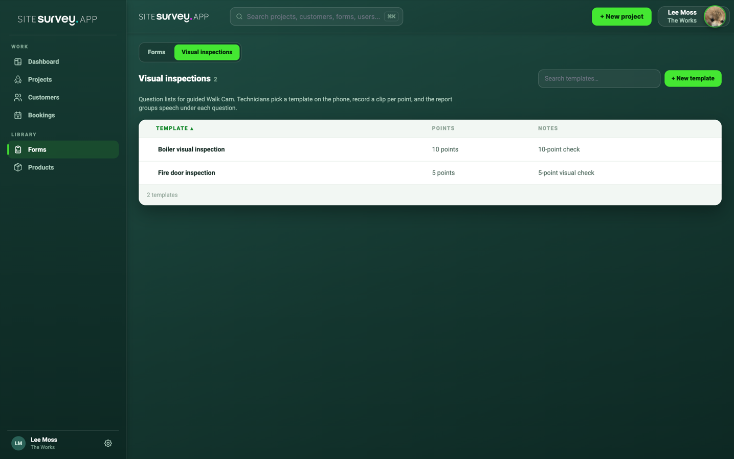 Visual inspections page in the SiteSurvey Forms area listing Walk Cam question templates with their point counts.