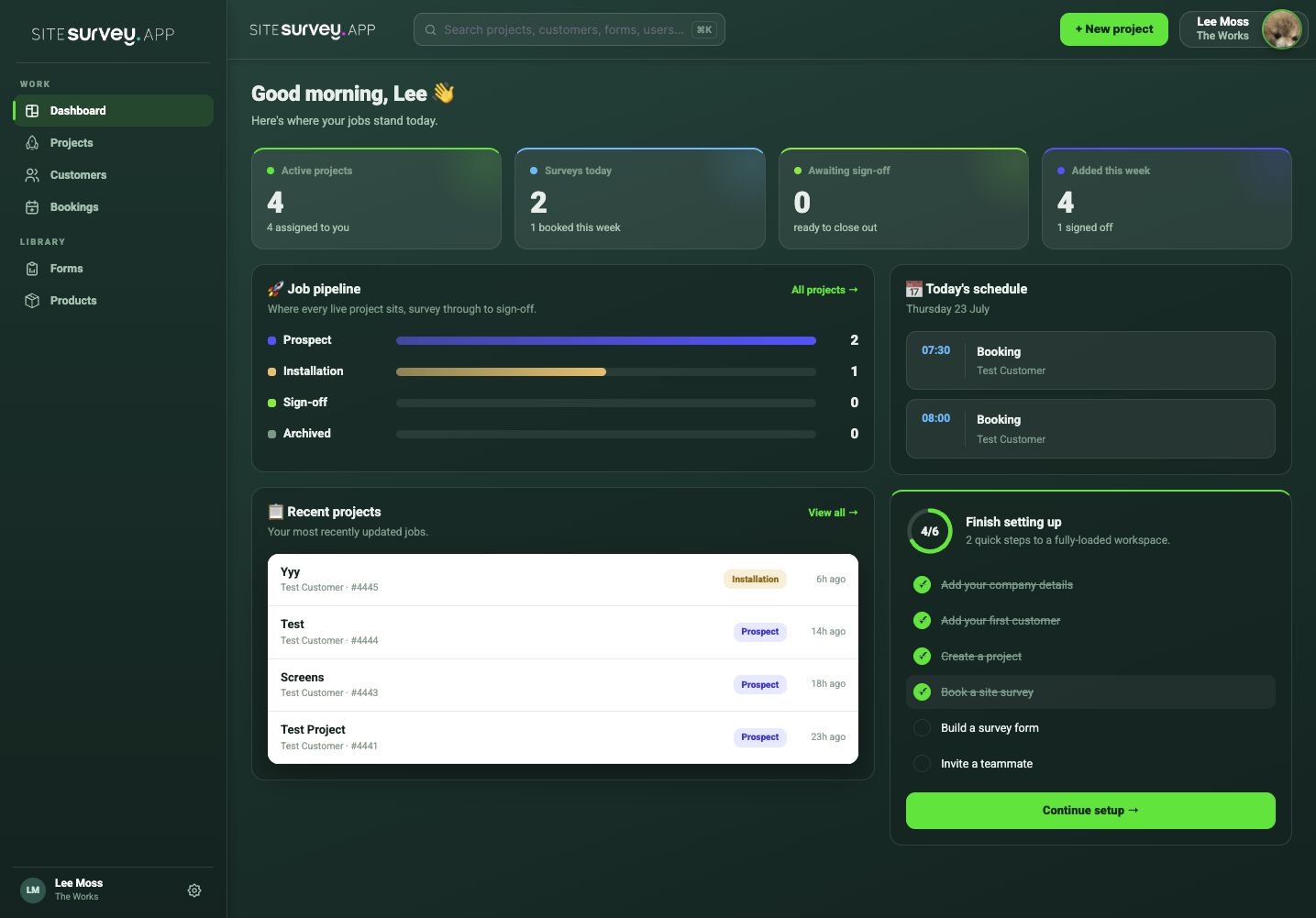 SiteSurvey web dashboard showing project totals, the job pipeline, recent projects, today’s schedule and workspace setup checklist.