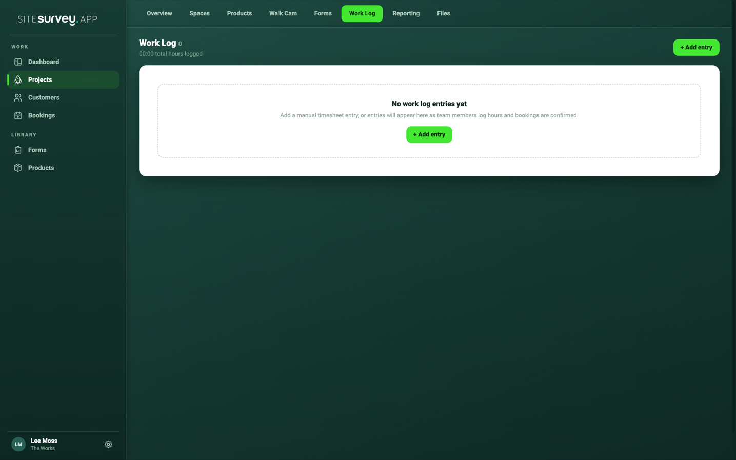 SiteSurvey project Work Log tab with the Add entry button.