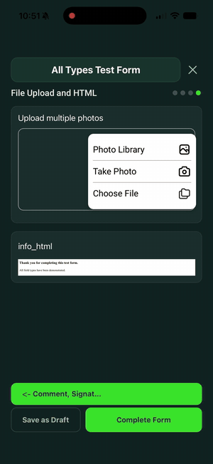 Attaching photographs to a SiteSurvey form — taking a new photo and selecting existing images from the device library