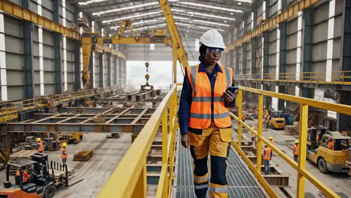 A safety manager in hi-vis and a hard hat scanning the working floor of a warehouse from a raised walkway, forklifts moving below