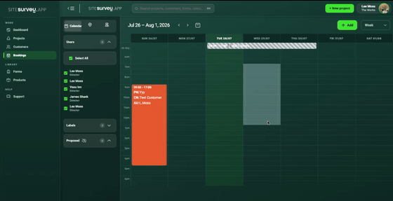 SiteSurvey bookings calendar — creating a booking with project, site, label and attendees, then reviewing team availability in week, day and month views